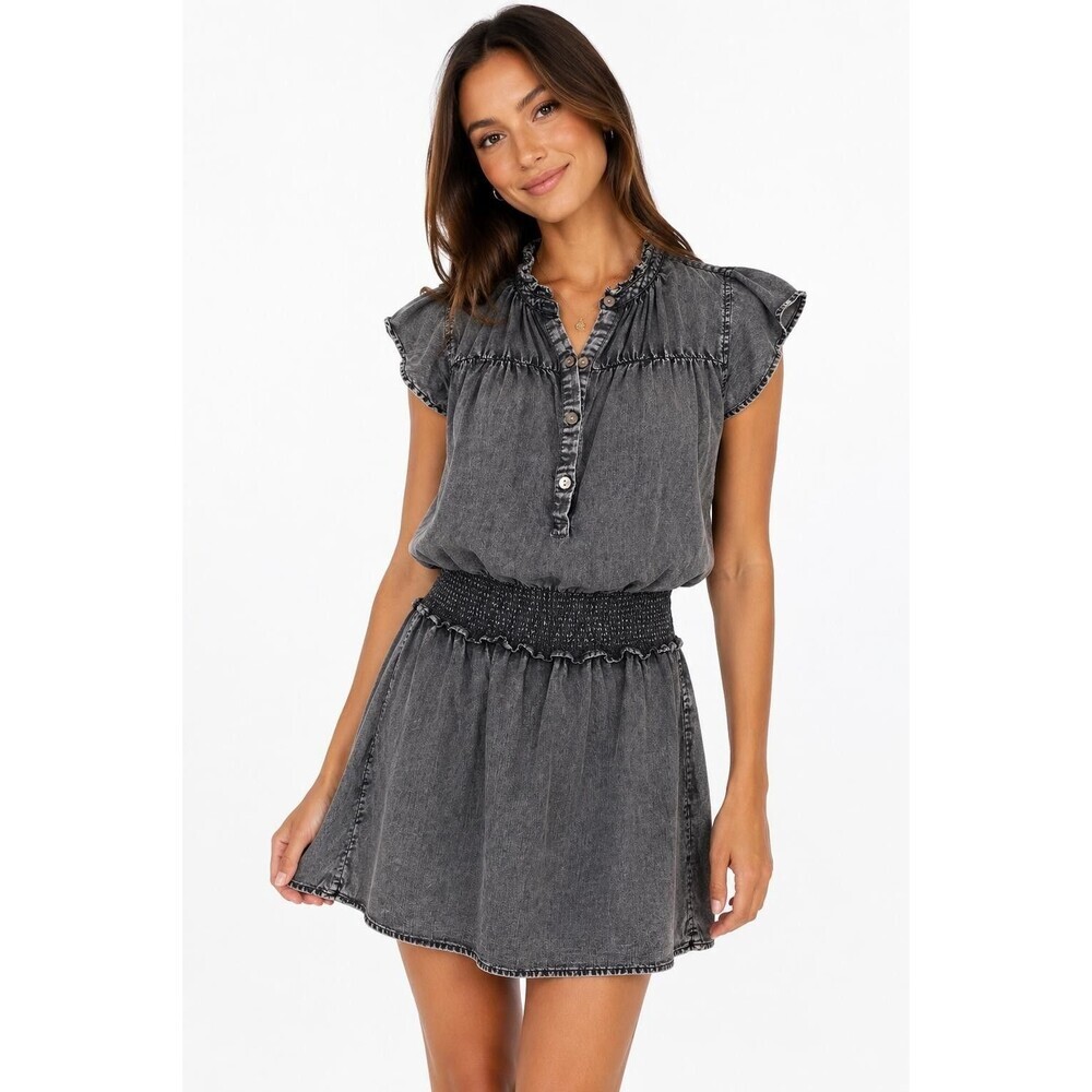 Rails S Gray Lyocell Linen Ruffle Neck Smocked Mini Dress Petite Chambray